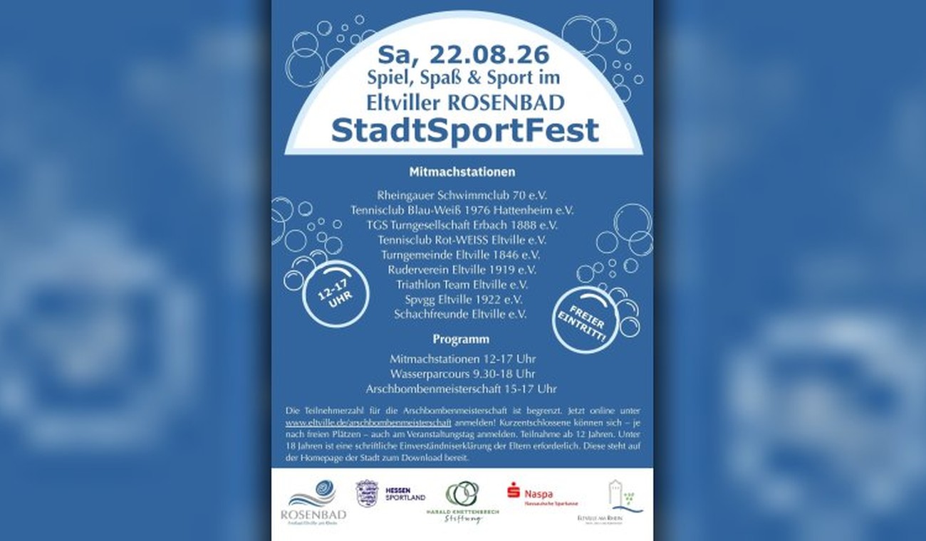 Eltville lädt ins Rosenbad: Kostenloses Sportfest mit Vereinsangeboten und Arschbombenmeisterschaft Eltville lädt ins Rosenbad: Kostenloses Sportfest mit Vereinsangeboten und Arschbombenmeisterschaft